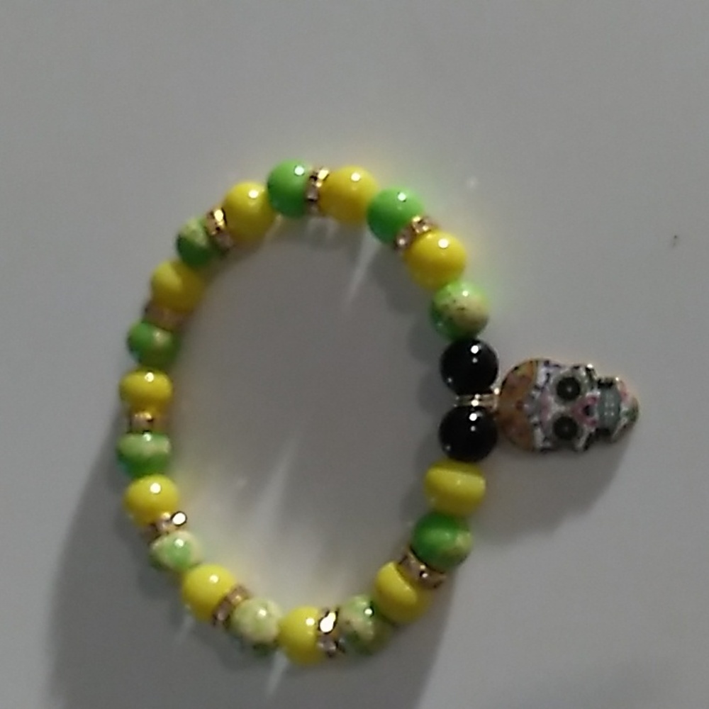 Green Emperor Agate stretch bracelet with Halloween skull charm